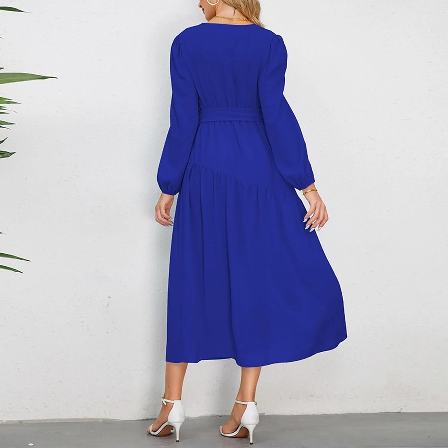 Women's Elegant Solid A-Line Pleated Midi Dress Classic 3/4 Sleeve V Neck Sheath Casual Party Work Wrap Dress