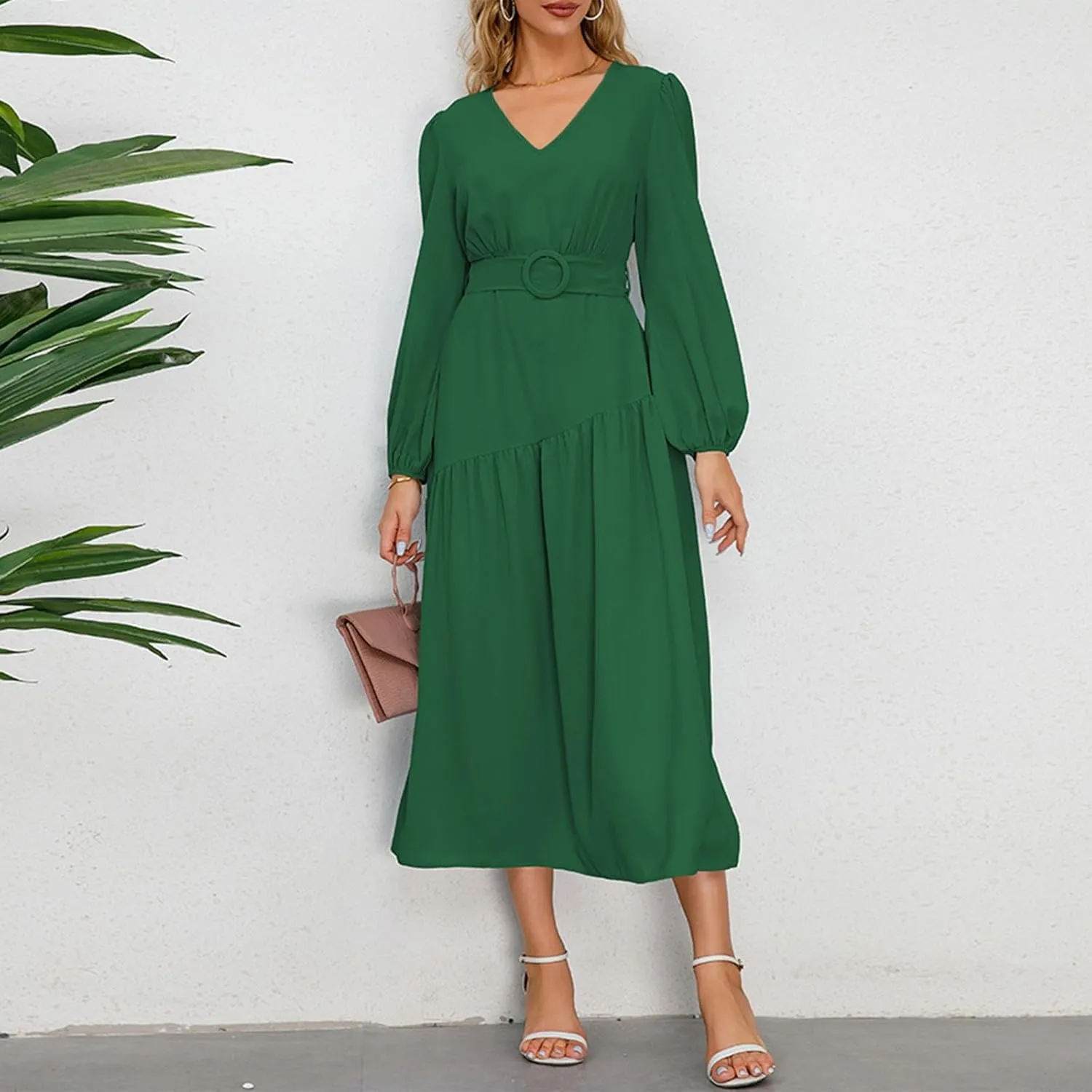 Women's Elegant Solid A-Line Pleated Midi Dress Classic 3/4 Sleeve V Neck Sheath Casual Party Work Wrap Dress