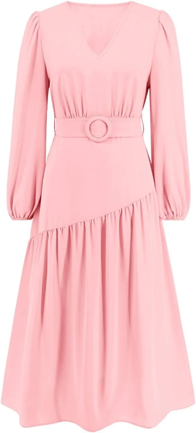 Women's Elegant Solid A-Line Pleated Midi Dress Classic 3/4 Sleeve V Neck Sheath Casual Party Work Wrap Dress