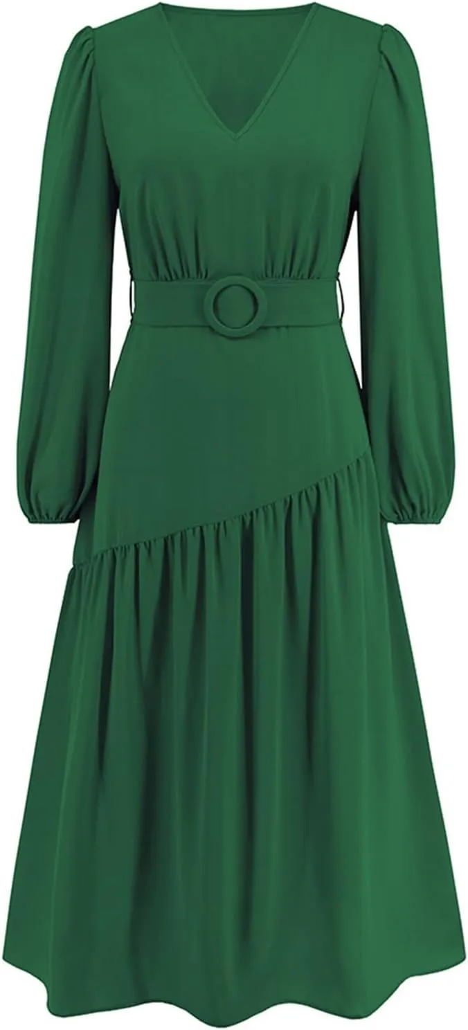 Women's Elegant Solid A-Line Pleated Midi Dress Classic 3/4 Sleeve V Neck Sheath Casual Party Work Wrap Dress