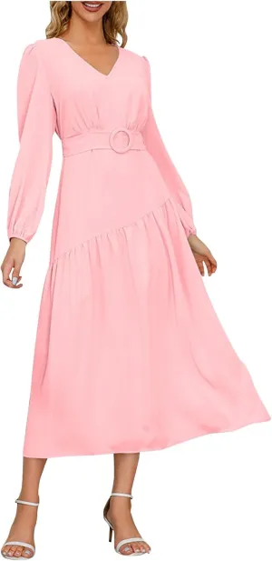 Women's Elegant Solid A-Line Pleated Midi Dress Classic 3/4 Sleeve V Neck Sheath Casual Party Work Wrap Dress