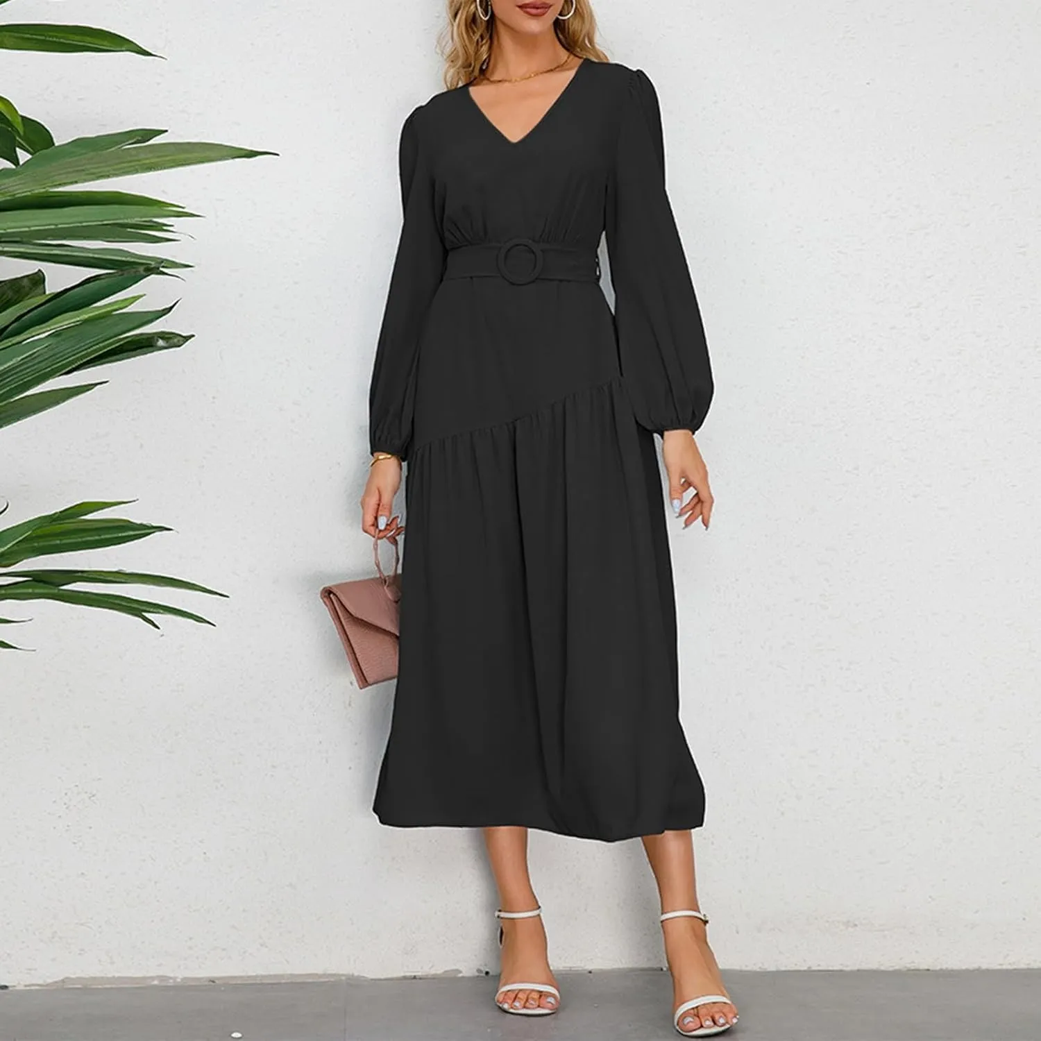Women's Elegant Solid A-Line Pleated Midi Dress Classic 3/4 Sleeve V Neck Sheath Casual Party Work Wrap Dress