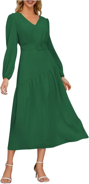 Women's Elegant Solid A-Line Pleated Midi Dress Classic 3/4 Sleeve V Neck Sheath Casual Party Work Wrap Dress