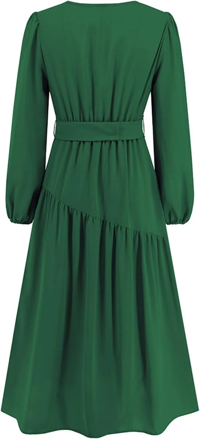 Women's Elegant Solid A-Line Pleated Midi Dress Classic 3/4 Sleeve V Neck Sheath Casual Party Work Wrap Dress