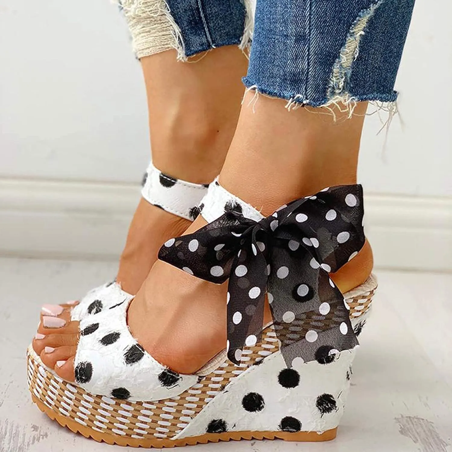 Womens Espadrilles Wedge Sandals Bow Dress Shoes Flatform Platform Sandals Open Toe Comfort Work Shoes with Printed Casual Breathable Wedges for Office Work Slip on Ankle Strap Sandal