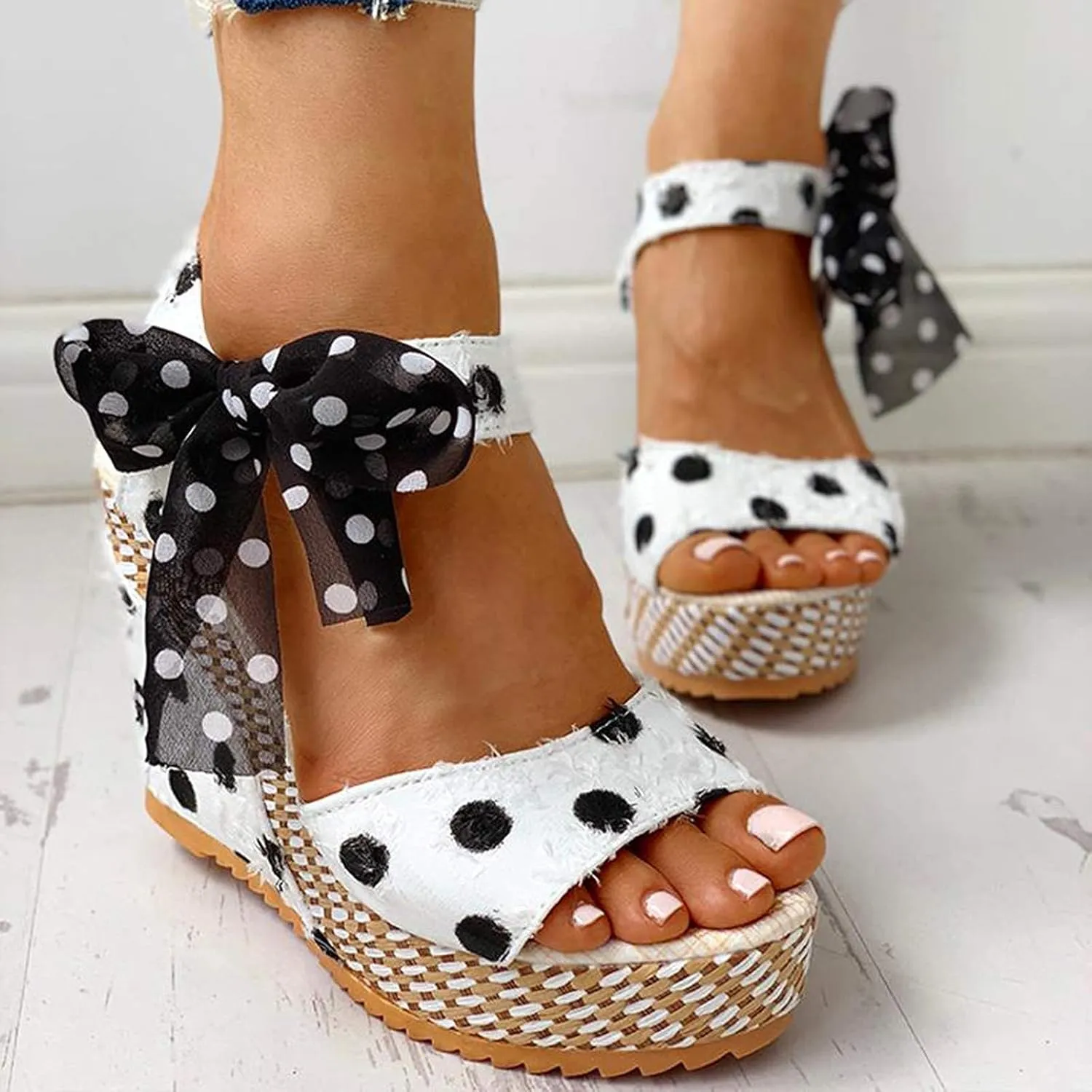 Womens Espadrilles Wedge Sandals Bow Dress Shoes Flatform Platform Sandals Open Toe Comfort Work Shoes with Printed Casual Breathable Wedges for Office Work Slip on Ankle Strap Sandal