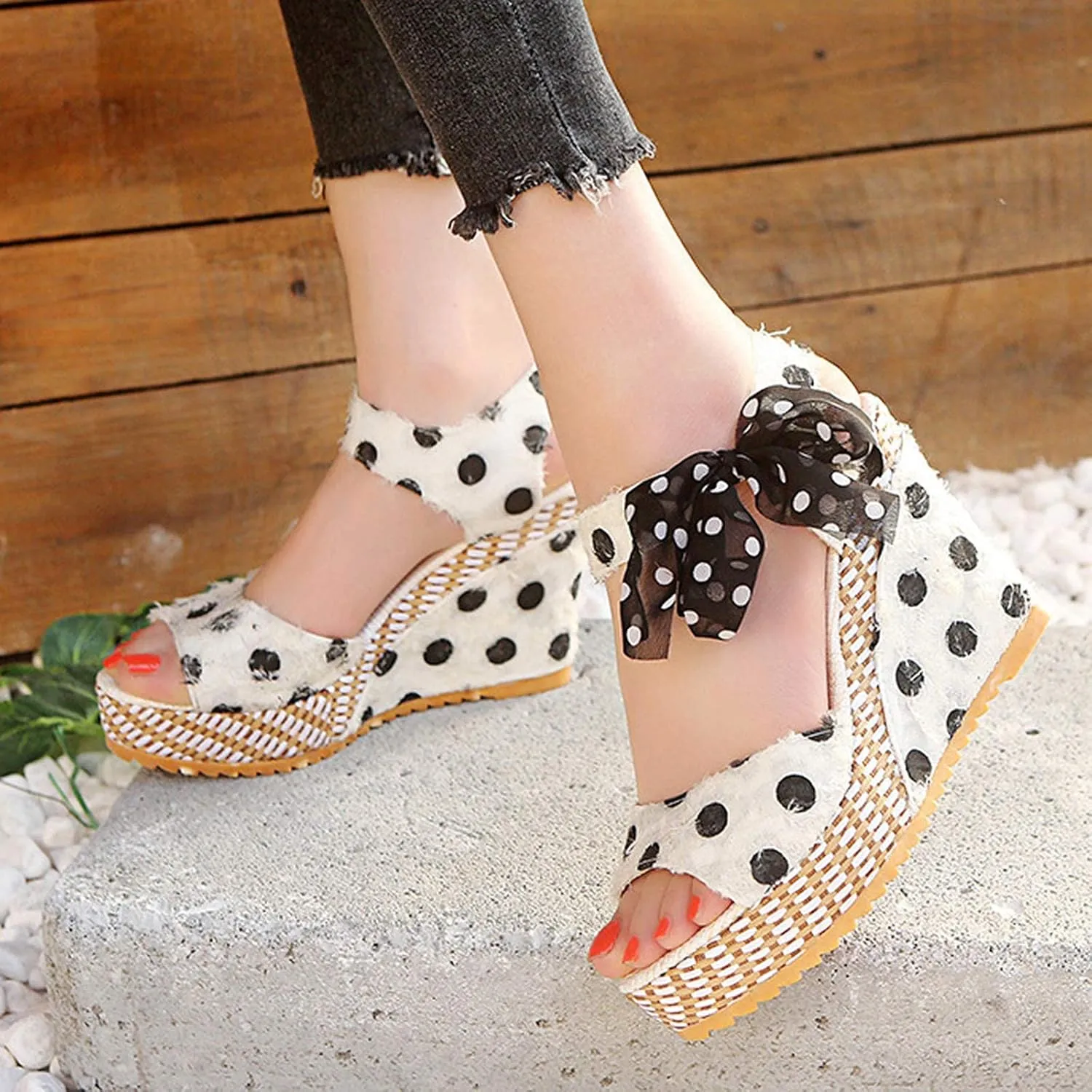 Womens Espadrilles Wedge Sandals Bow Dress Shoes Flatform Platform Sandals Open Toe Comfort Work Shoes with Printed Casual Breathable Wedges for Office Work Slip on Ankle Strap Sandal