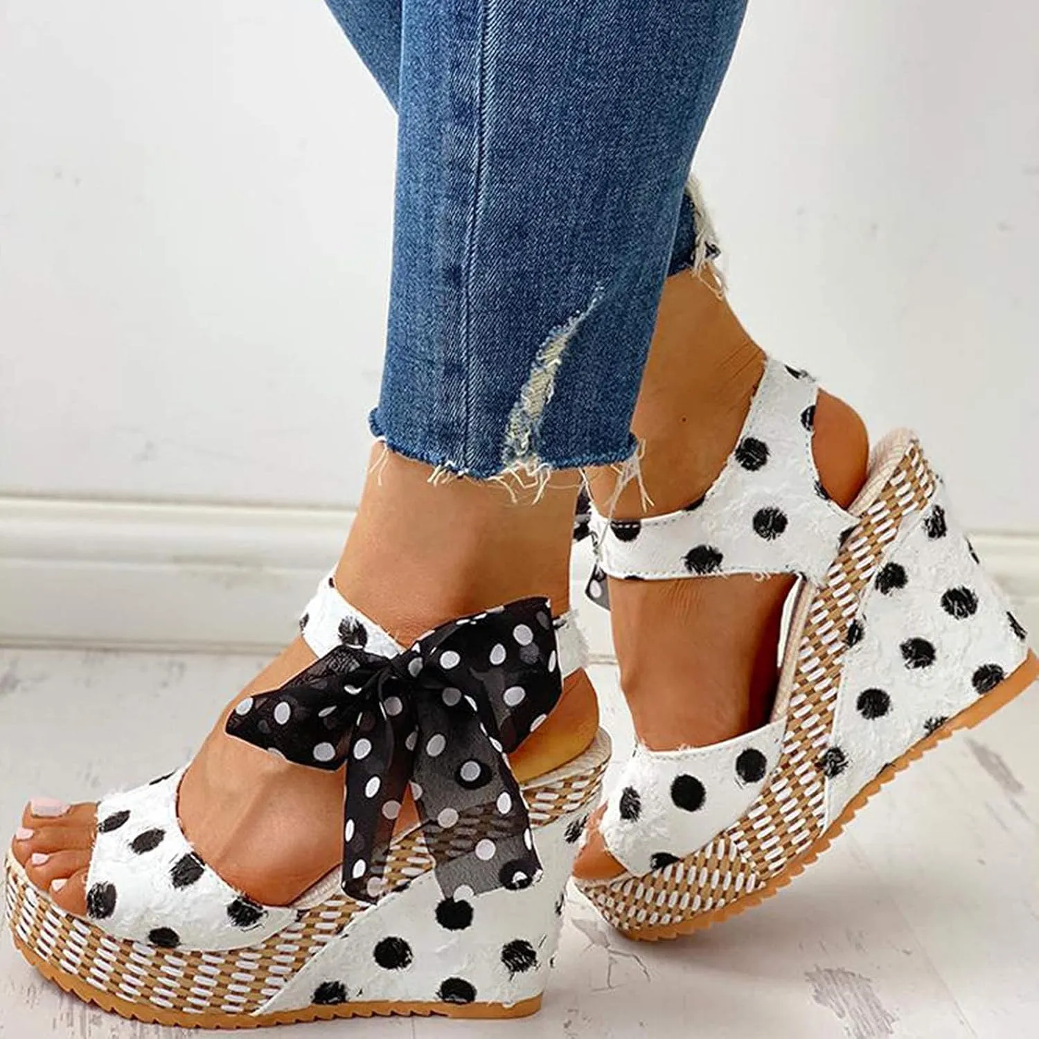 Womens Espadrilles Wedge Sandals Bow Dress Shoes Flatform Platform Sandals Open Toe Comfort Work Shoes with Printed Casual Breathable Wedges for Office Work Slip on Ankle Strap Sandal