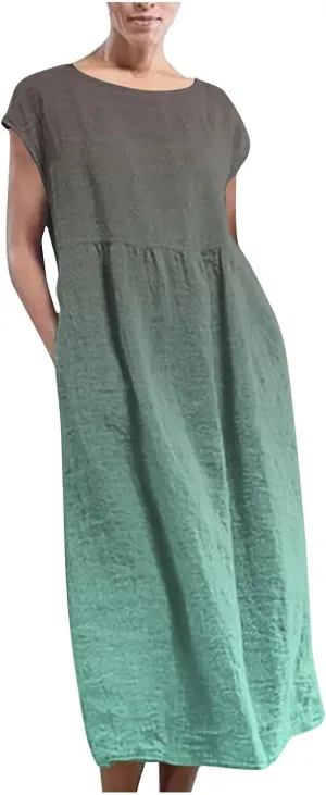 Womens Fashion Gradient Color Dresses Short Sleeve Vintage Casual Sundress Summer Crew Neck Classic Basic Dresses