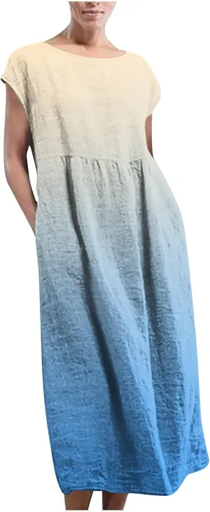 Womens Fashion Gradient Color Dresses Short Sleeve Vintage Casual Sundress Summer Crew Neck Classic Basic Dresses