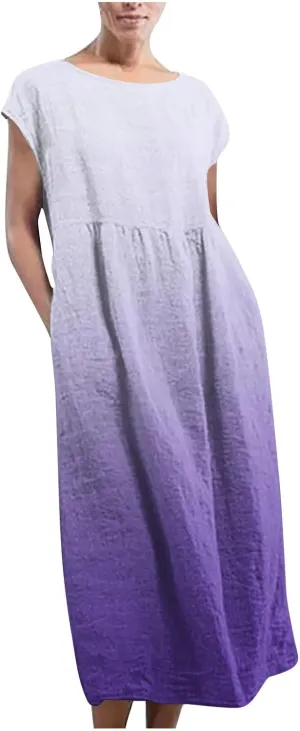 Womens Fashion Gradient Color Dresses Short Sleeve Vintage Casual Sundress Summer Crew Neck Classic Basic Dresses