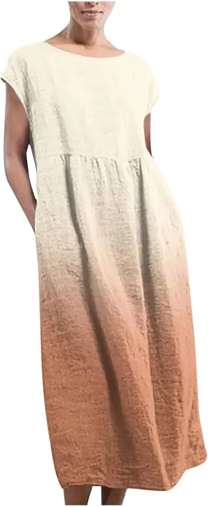 Womens Fashion Gradient Color Dresses Short Sleeve Vintage Casual Sundress Summer Crew Neck Classic Basic Dresses