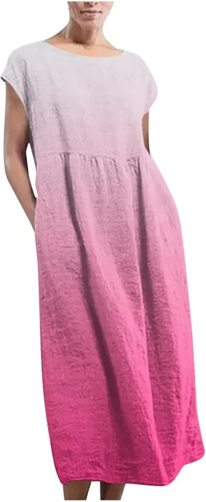 Womens Fashion Gradient Color Dresses Short Sleeve Vintage Casual Sundress Summer Crew Neck Classic Basic Dresses