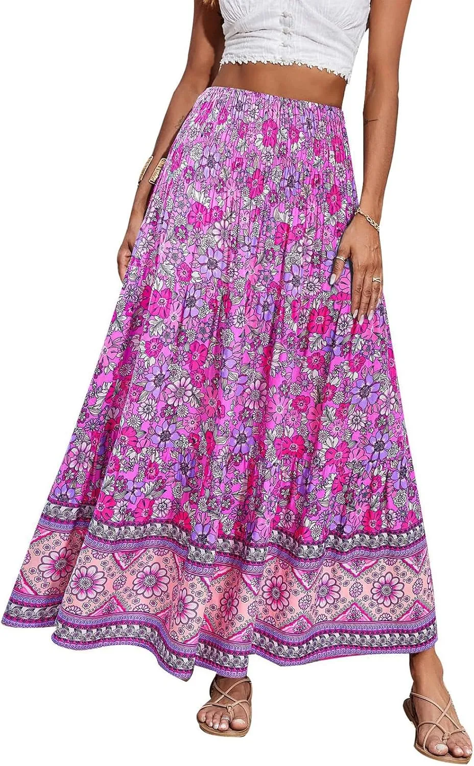 Women's Fashion Maxi Skirts Solid Color Beach High Waist Bohemian A-Line Layered Halter Flowy Skirt