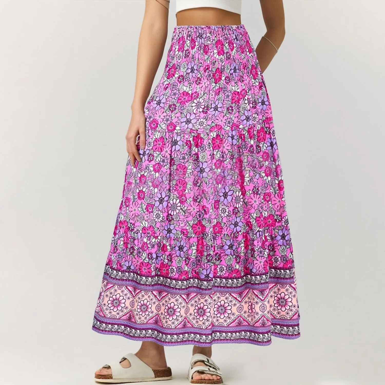 Women's Fashion Maxi Skirts Solid Color Beach High Waist Bohemian A-Line Layered Halter Flowy Skirt