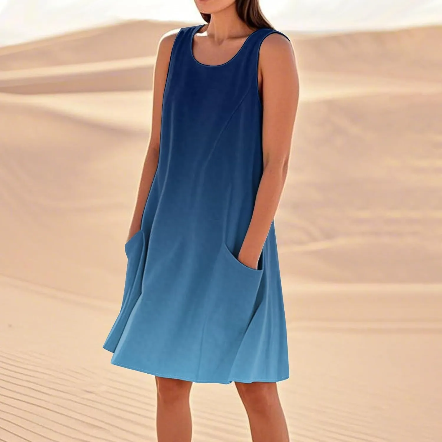 Womens Fashion Summer Vacation Sun Dresses 2025 Loose Sleeveless Sundresses Print Loose Fit Tank Dresses with Pockets