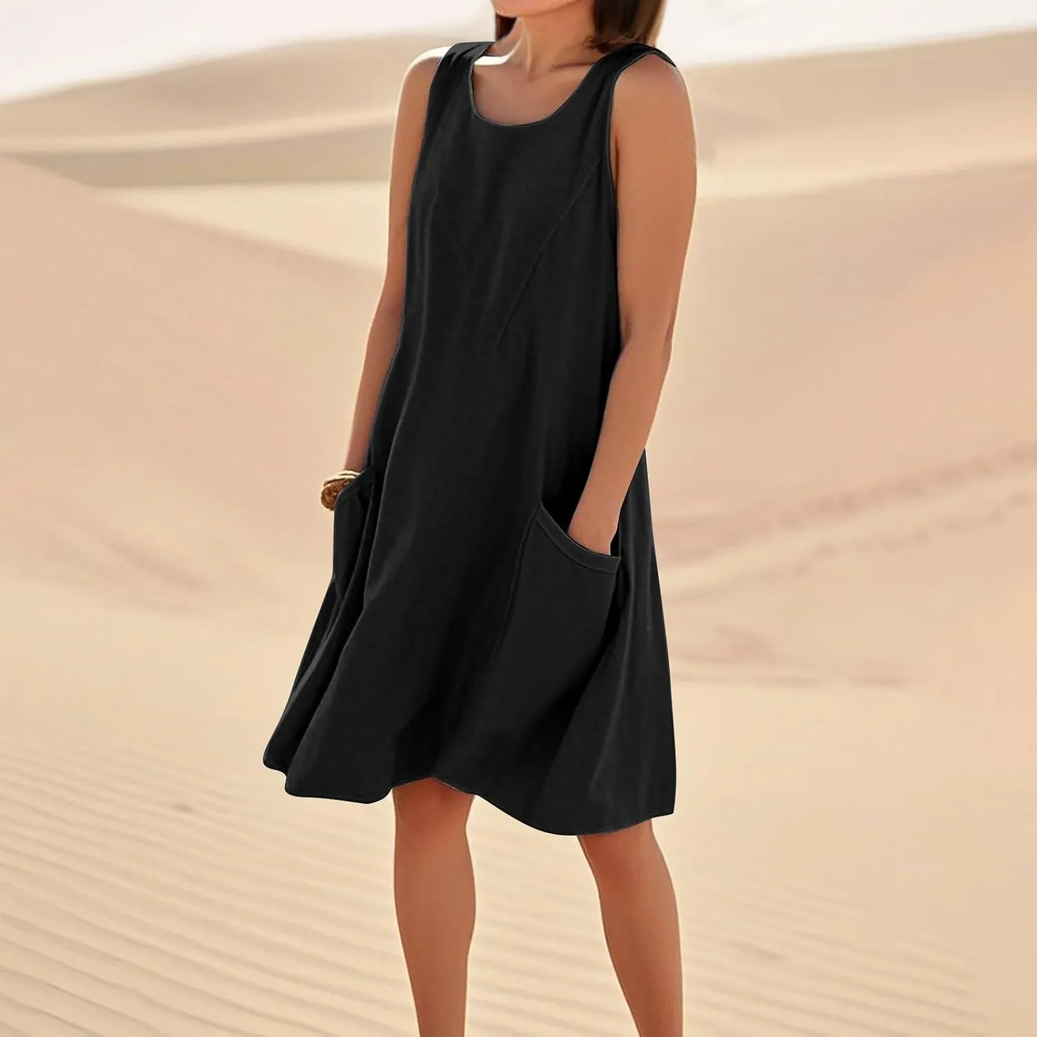 Womens Fashion Summer Vacation Sun Dresses 2025 Loose Sleeveless Sundresses Print Loose Fit Tank Dresses with Pockets