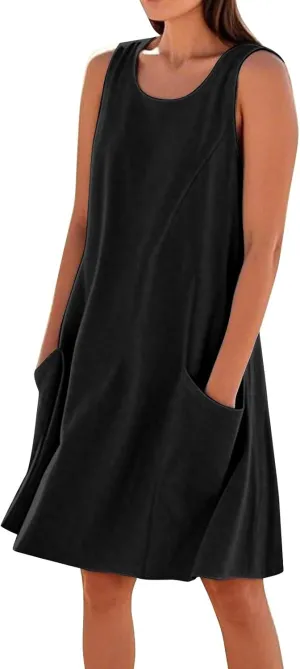 Womens Fashion Summer Vacation Sun Dresses 2025 Loose Sleeveless Sundresses Print Loose Fit Tank Dresses with Pockets