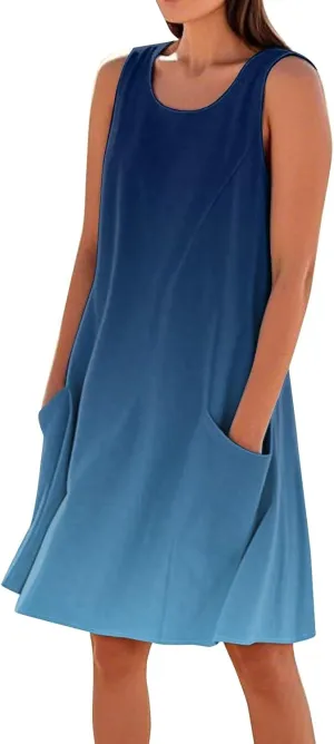 Womens Fashion Summer Vacation Sun Dresses 2025 Loose Sleeveless Sundresses Print Loose Fit Tank Dresses with Pockets