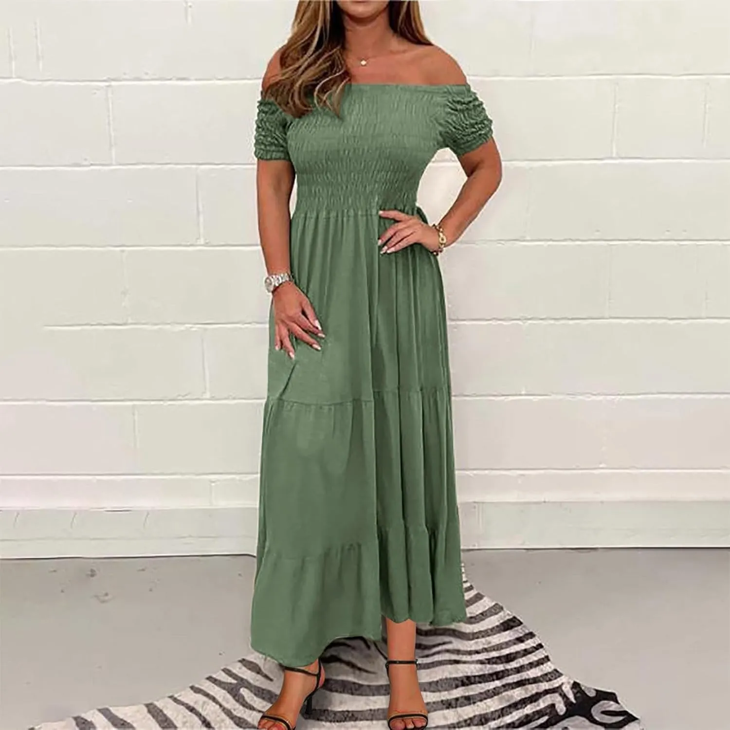 Women's Floral A Line Summer Casual Beach Vacation Long Dress Casual Boho Off Shoulder Floral Print Long Dress