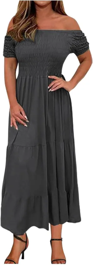 Women's Floral A Line Summer Casual Beach Vacation Long Dress Casual Boho Off Shoulder Floral Print Long Dress