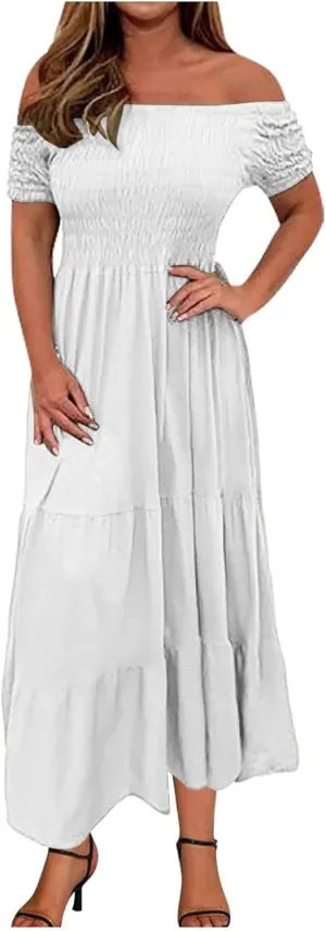 Women's Floral A Line Summer Casual Beach Vacation Long Dress Casual Boho Off Shoulder Floral Print Long Dress