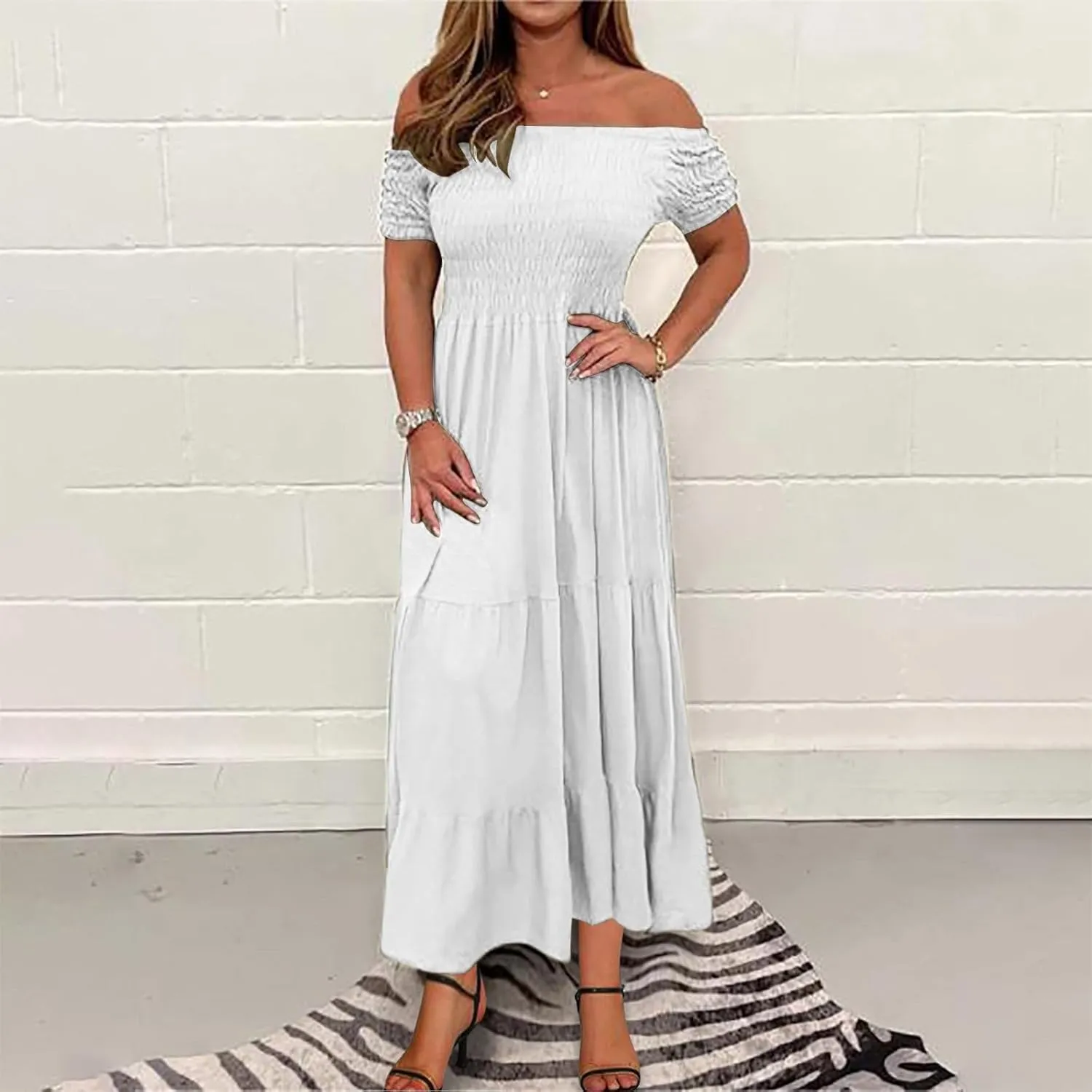 Women's Floral A Line Summer Casual Beach Vacation Long Dress Casual Boho Off Shoulder Floral Print Long Dress