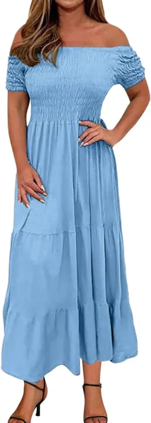 Women's Floral A Line Summer Casual Beach Vacation Long Dress Casual Boho Off Shoulder Floral Print Long Dress