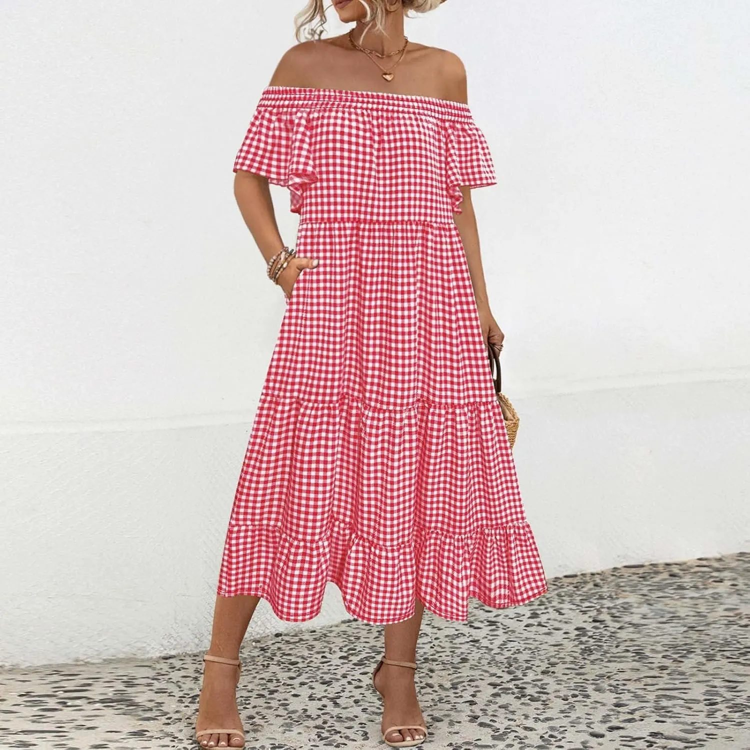 Women's Floral A Line Summer Casual Beach Vacation Long Dress Casual Boho Off Shoulder Floral Print Long Dress