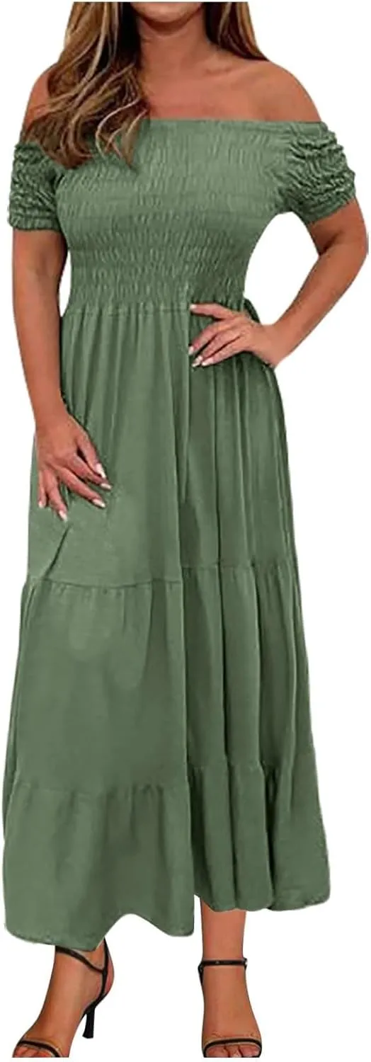 Women's Floral A Line Summer Casual Beach Vacation Long Dress Casual Boho Off Shoulder Floral Print Long Dress