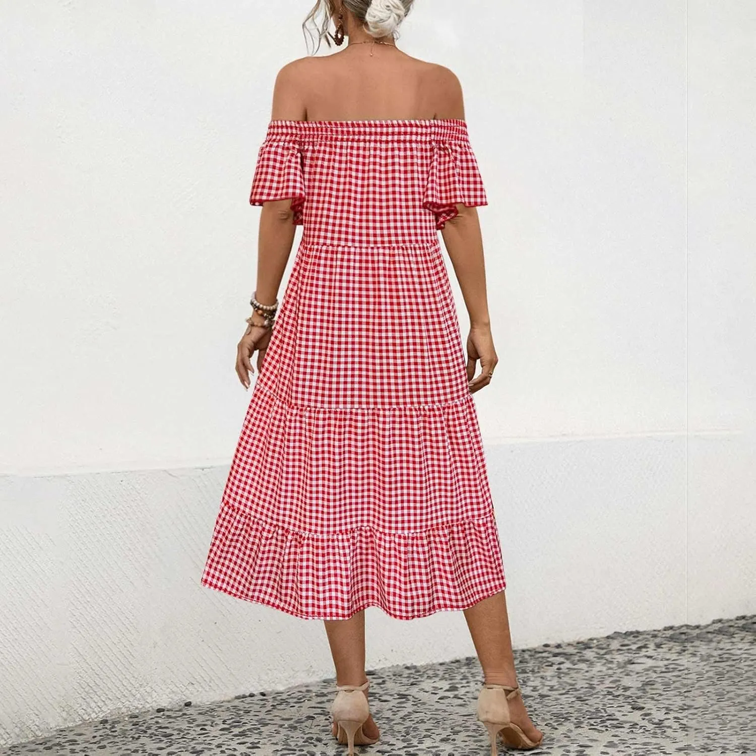 Women's Floral A Line Summer Casual Beach Vacation Long Dress Casual Boho Off Shoulder Floral Print Long Dress
