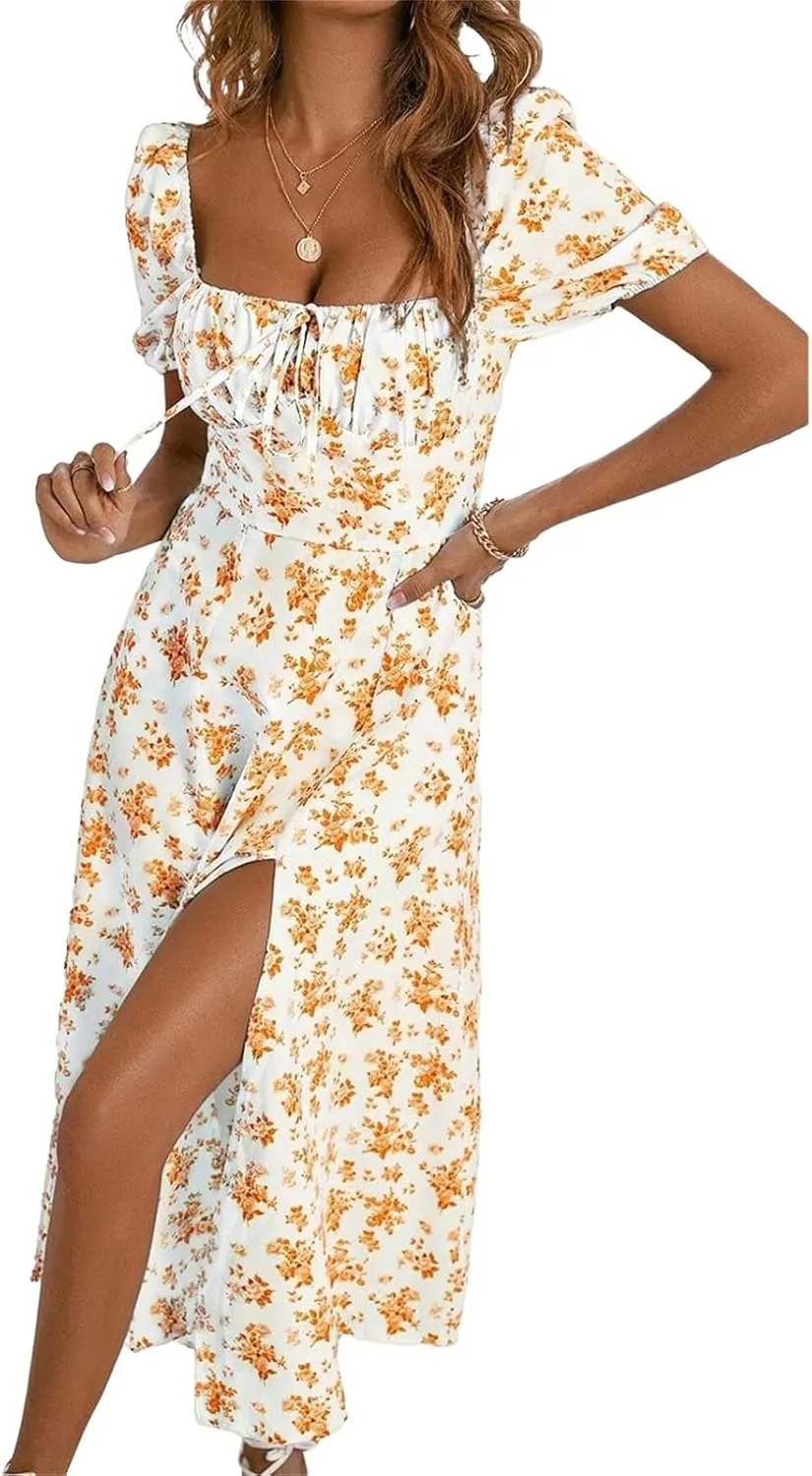 Women's Floral Dresses Summer Printed Romantic Midi Dress Slim Split Skirt High-Waisted Swing Flowy Beach Sundress