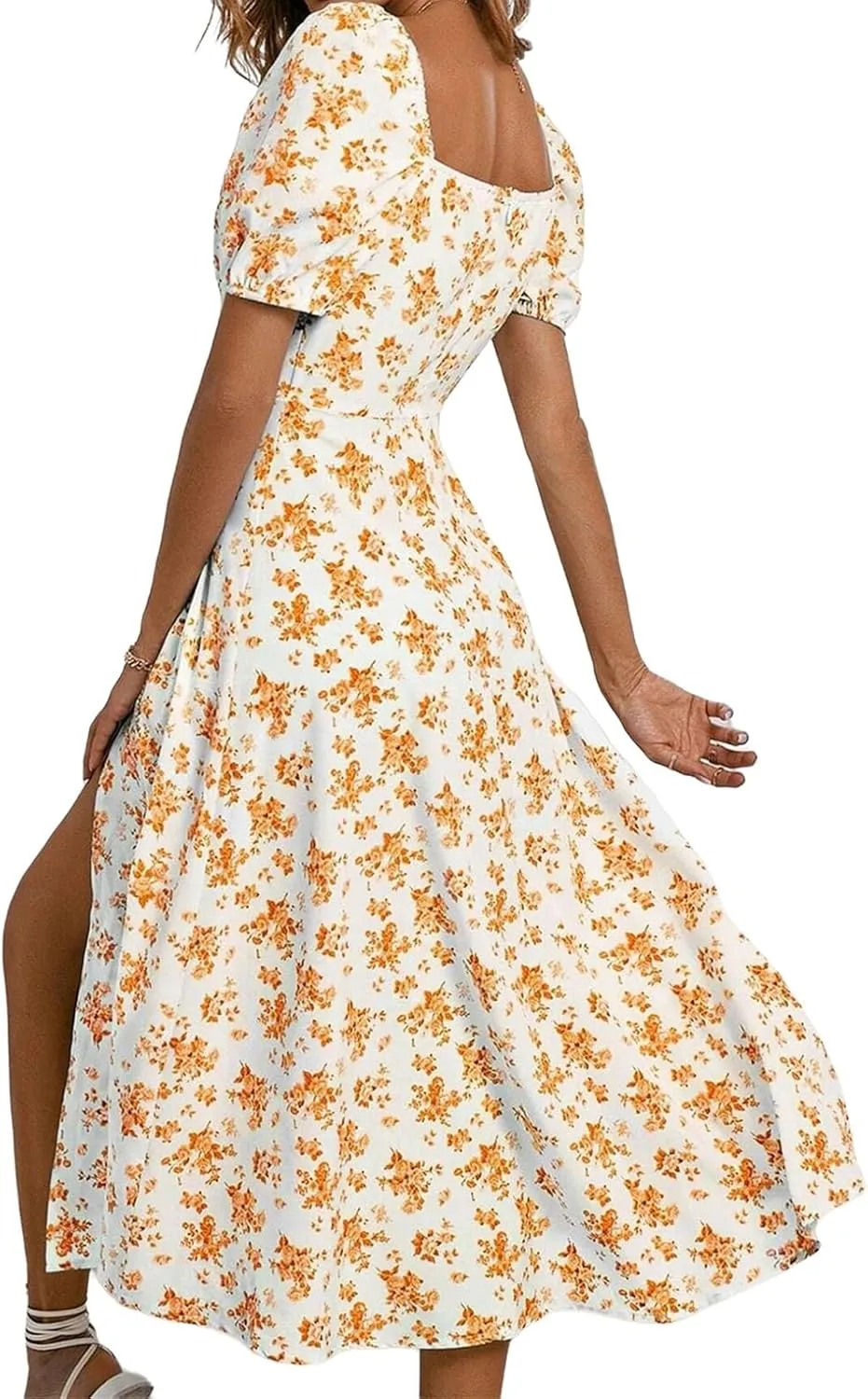 Women's Floral Dresses Summer Printed Romantic Midi Dress Slim Split Skirt High-Waisted Swing Flowy Beach Sundress