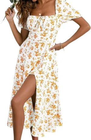 Women's Floral Dresses Summer Printed Romantic Midi Dress Slim Split Skirt High-Waisted Swing Flowy Beach Sundress