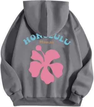 Womens Letter Floral Print Hoodie 2024 Oversized Baggy Trendy Thermal Sweatshirts Cozy Hip Hop Y2K Casual Streetwear