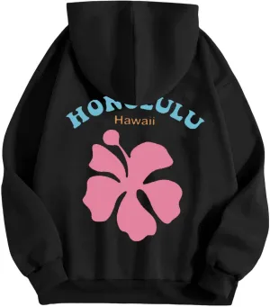 Womens Letter Floral Print Hoodie 2024 Oversized Baggy Trendy Thermal Sweatshirts Cozy Hip Hop Y2K Casual Streetwear