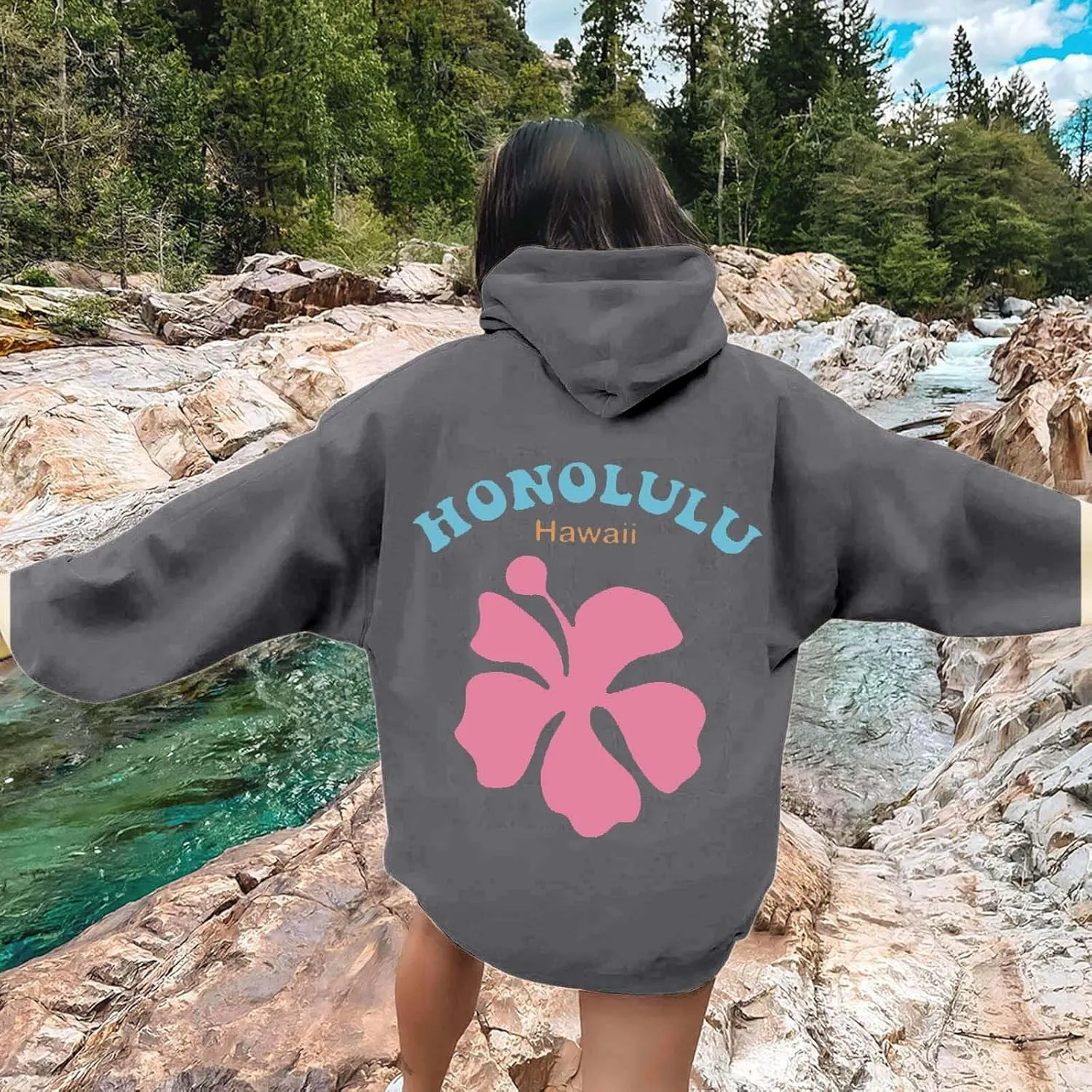 Womens Letter Floral Print Hoodie 2024 Oversized Baggy Trendy Thermal Sweatshirts Cozy Hip Hop Y2K Casual Streetwear