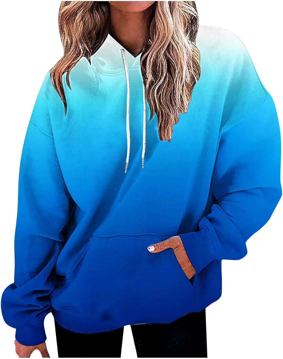 Womens Long Sleeve Hooded Sweatshirt Oversized Drawstring Hoodie Plus Size Trendy Sweatshirt Gradient Sweatshirt