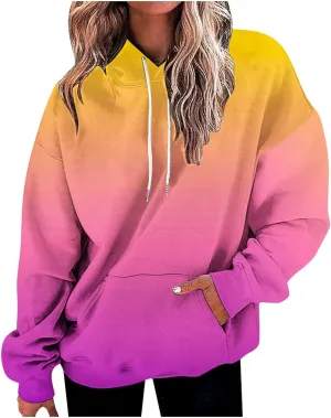 Womens Long Sleeve Hooded Sweatshirt Oversized Drawstring Hoodie Plus Size Trendy Sweatshirt Gradient Sweatshirt