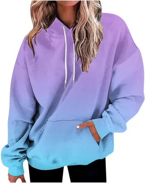 Womens Long Sleeve Hooded Sweatshirt Oversized Drawstring Hoodie Plus Size Trendy Sweatshirt Gradient Sweatshirt