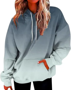 Womens Long Sleeve Hooded Sweatshirt Oversized Drawstring Hoodie Plus Size Trendy Sweatshirt Gradient Sweatshirt