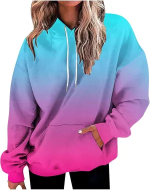 Womens Long Sleeve Hooded Sweatshirt Oversized Drawstring Hoodie Plus Size Trendy Sweatshirt Gradient Sweatshirt