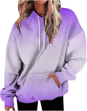 Womens Long Sleeve Hooded Sweatshirt Oversized Drawstring Hoodie Plus Size Trendy Sweatshirt Gradient Sweatshirt