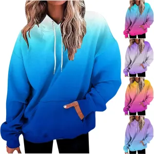 Womens Long Sleeve Hooded Sweatshirt Oversized Drawstring Hoodie Plus Size Trendy Sweatshirt Gradient Sweatshirt