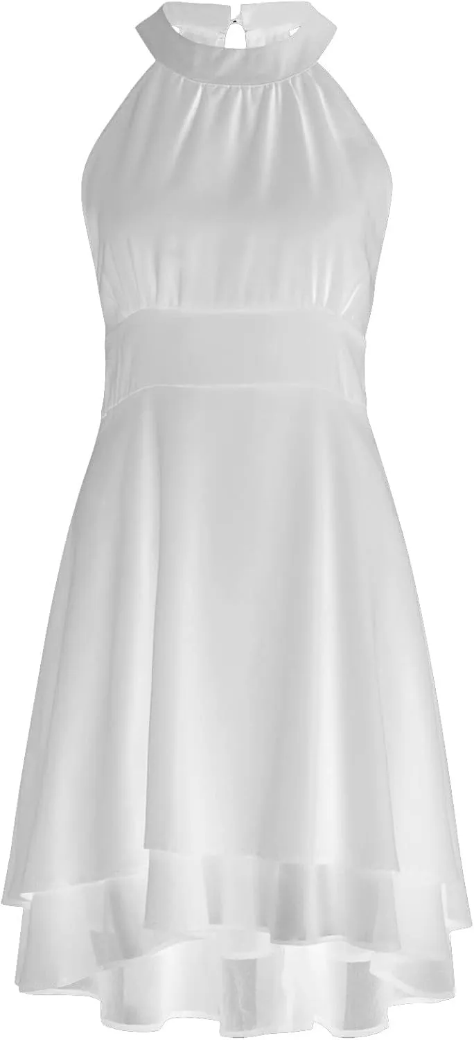 Womens Midi Dress 2025 Summer Trendy Flowy Chiffon Plus Size High Neck Halter Corset Tiered Cocktail Wedding Guest Dresses