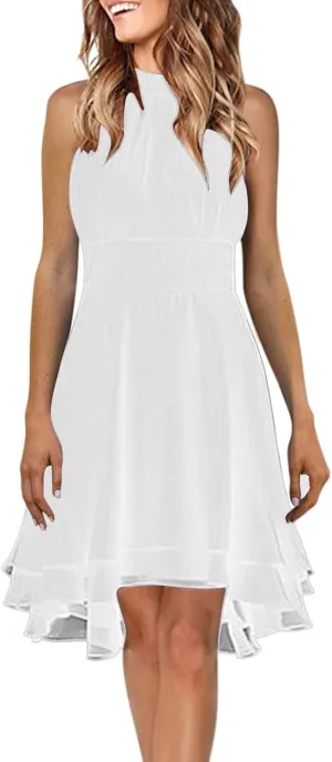 Womens Midi Dress 2025 Summer Trendy Flowy Chiffon Plus Size High Neck Halter Corset Tiered Cocktail Wedding Guest Dresses