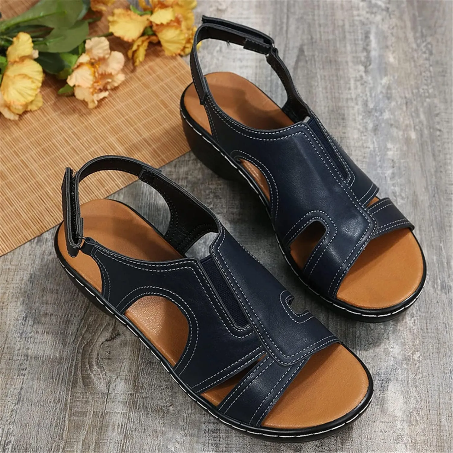 Women's Orthopedic Sandals Casual Walking Shoes Open Toe Soft Sandals Wide Width Non-Slip Shoes, Hollow Out Orthotic Sandal with Arch Support, Breathable Lightweight
