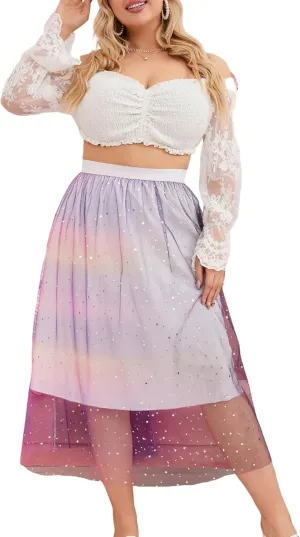 Womens Plus Size Pleated Skirt High Waist, Midi Flowy A-Line Colorblock Long Skirts for Women Trendy Summer