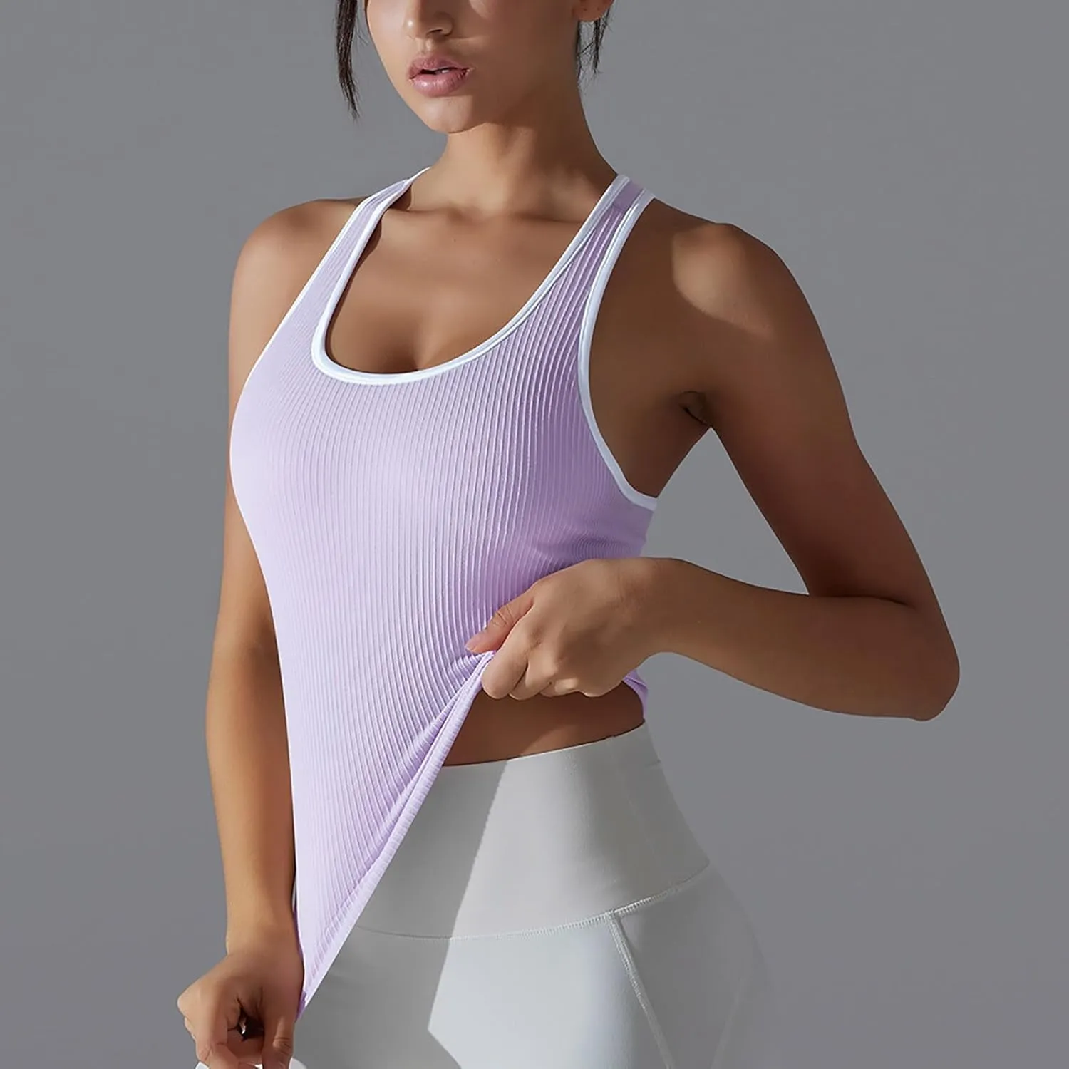 Women's Ribbed Workout Shirts Summer Light Elastic Racerback Tank Tops Casual Sleeveless Slim Comfy Yoga Blouse