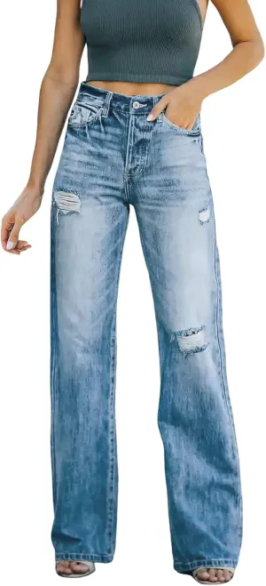 Women's Ripped High Waisted Flared Jeans Wide Leg Distressed Denim Pants Loose Fit Destroyed Trousers with Pockets